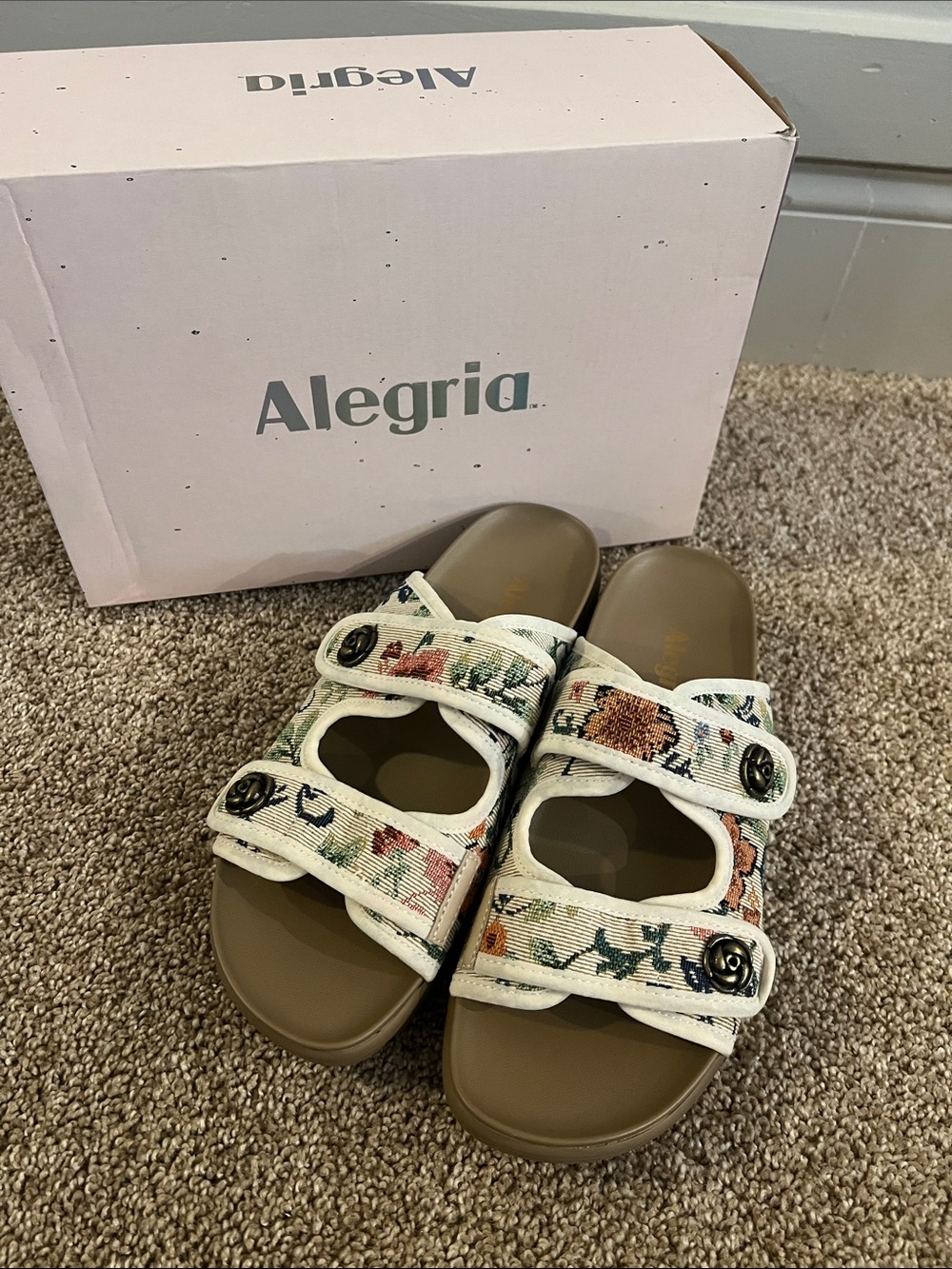 Alegria Vintage Bloom Cream Floral Double-Strap Slide Sandals with Tan Footbed